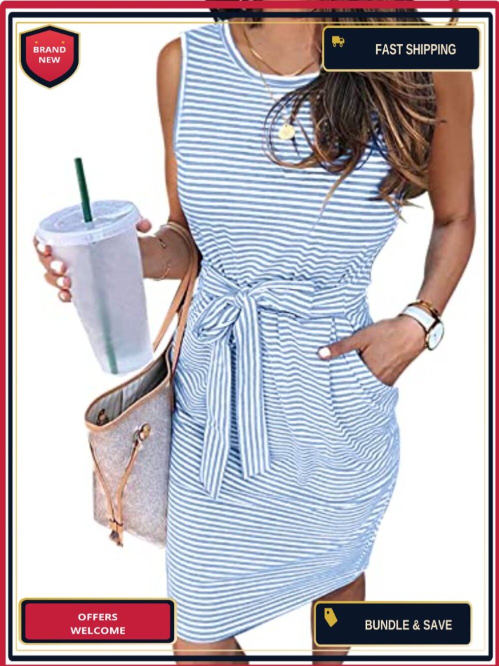 Striped Sleeveless Tie Waist Dress with Pockets, Casual Summer Sheath Dress,